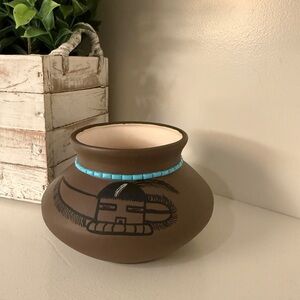 Hopi Toad Signed Southwestern Native American Pottery Vase Seed Pot Turquoise